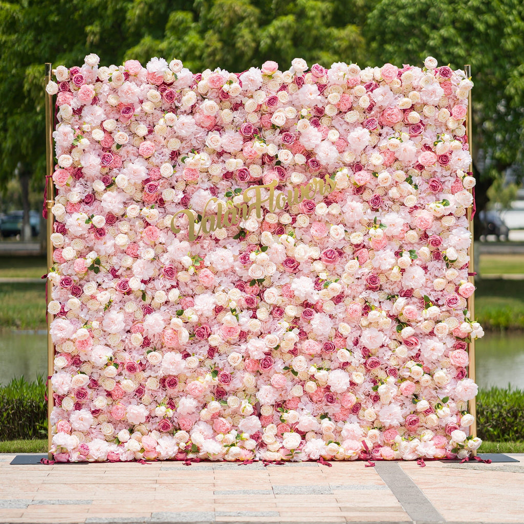 Roll Up Fabric Artificial Variety Of Pink And Cream Floral Bridal Shower Backdrop - Captivating Flowers Photography Arranged Party Event Decor | VF-503