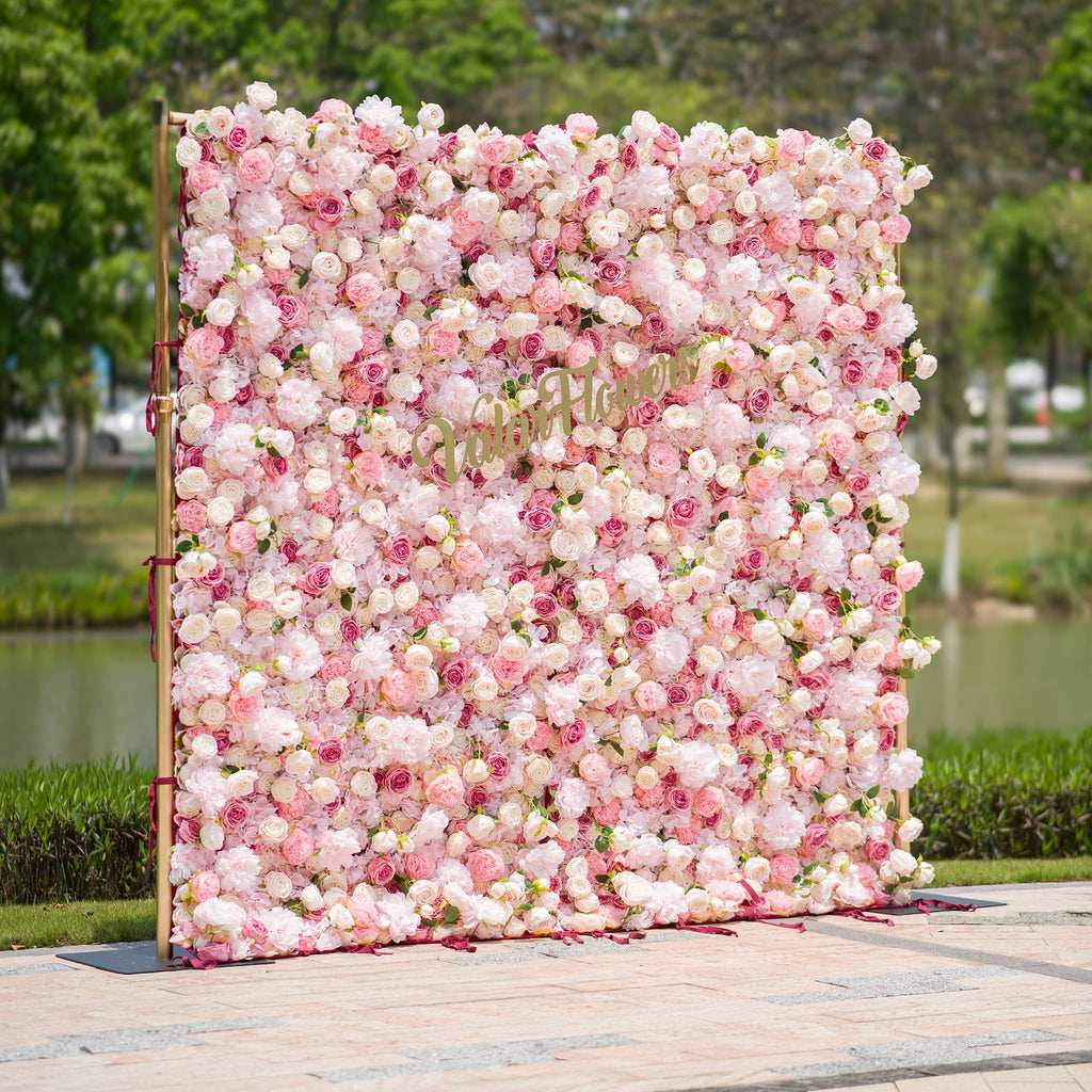 Roll Up Fabric Artificial Variety Of Pink And Cream Floral Bridal Shower Backdrop - Captivating Flowers Photography Arranged Party Event Decor | VF-503
