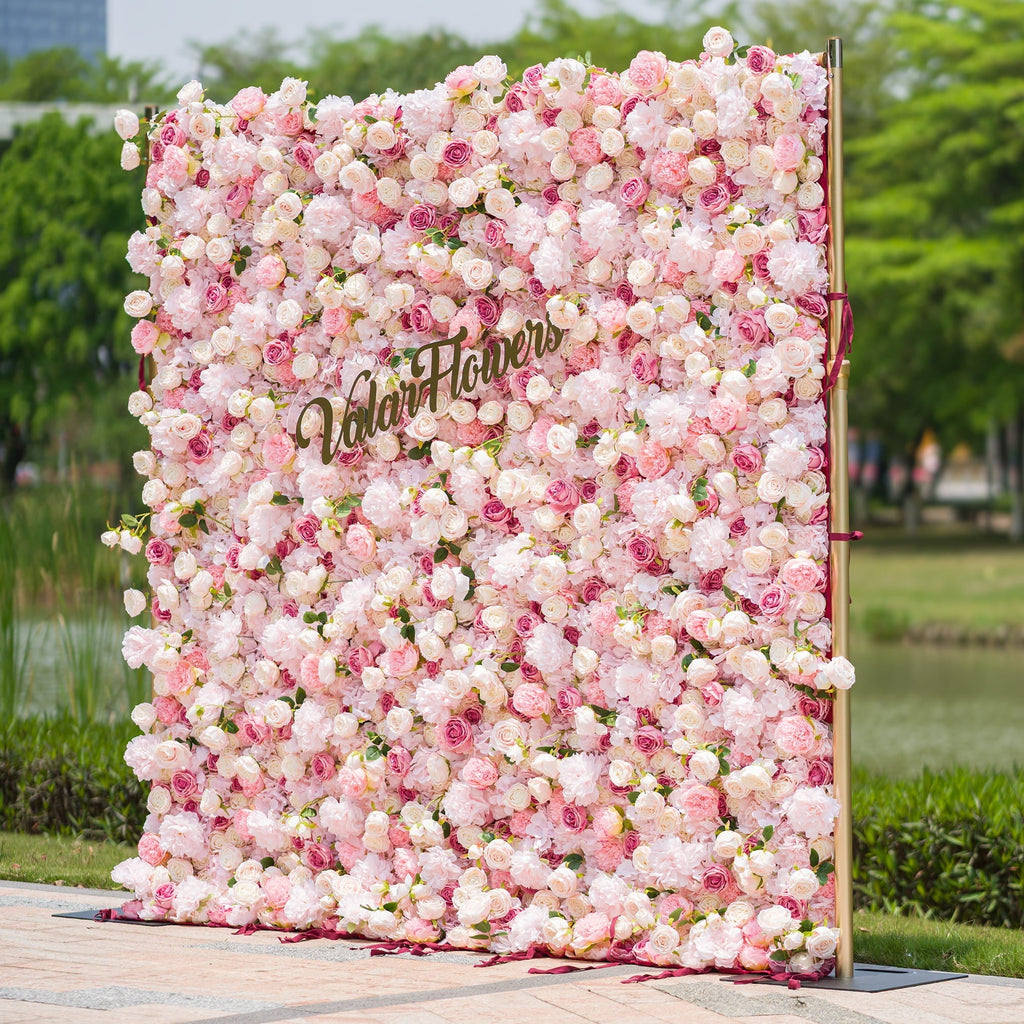 Roll Up Fabric Artificial Variety Of Pink And Cream Floral Bridal Shower Backdrop - Captivating Flowers Photography Arranged Party Event Decor | VF-503