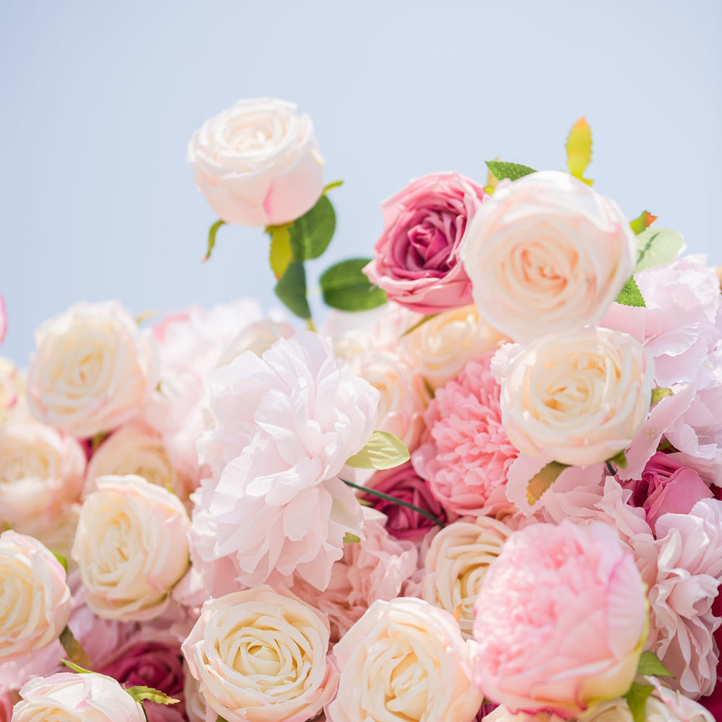 Roll Up Fabric Artificial Variety Of Pink And Cream Floral Bridal Shower Backdrop - Captivating Flowers Photography Arranged Party Event Decor | VF-503