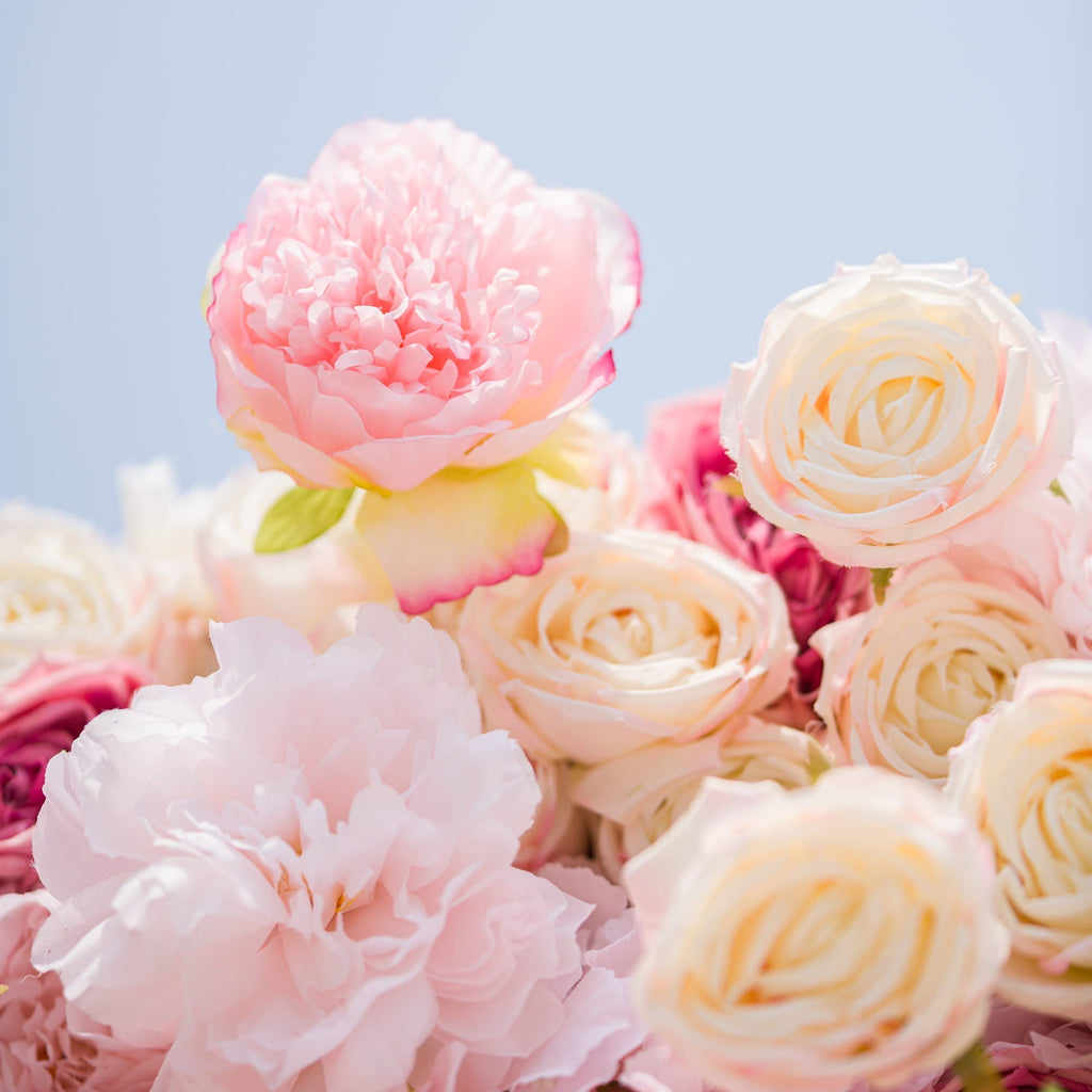 Roll Up Fabric Artificial Variety Of Pink And Cream Floral Bridal Shower Backdrop - Captivating Flowers Photography Arranged Party Event Decor | VF-503