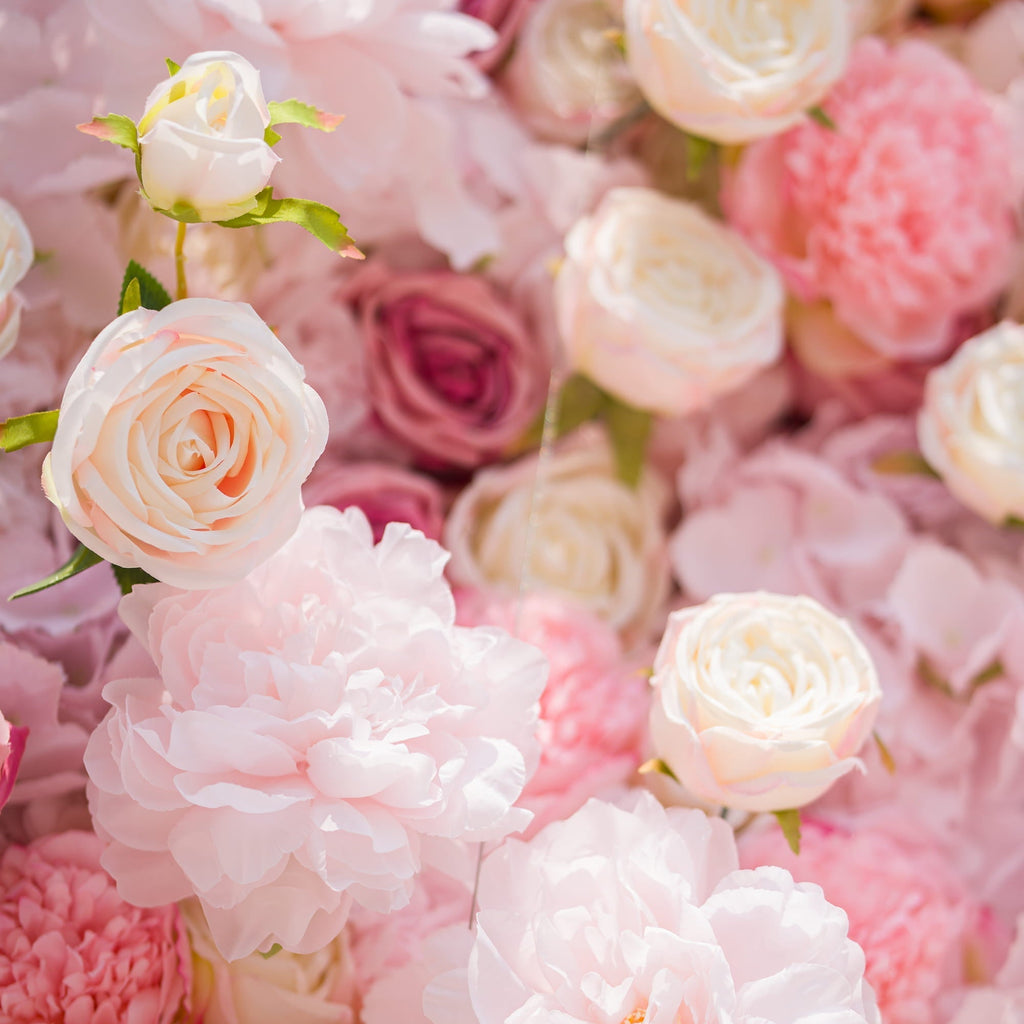 Roll Up Fabric Artificial Variety Of Pink And Cream Floral Bridal Shower Backdrop - Captivating Flowers Photography Arranged Party Event Decor | VF-503