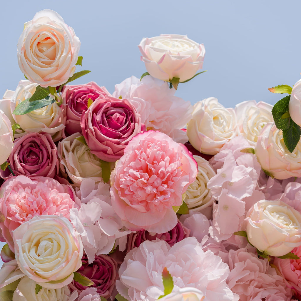 Roll Up Fabric Artificial Variety Of Pink And Cream Floral Bridal Shower Backdrop - Captivating Flowers Photography Arranged Party Event Decor | VF-503
