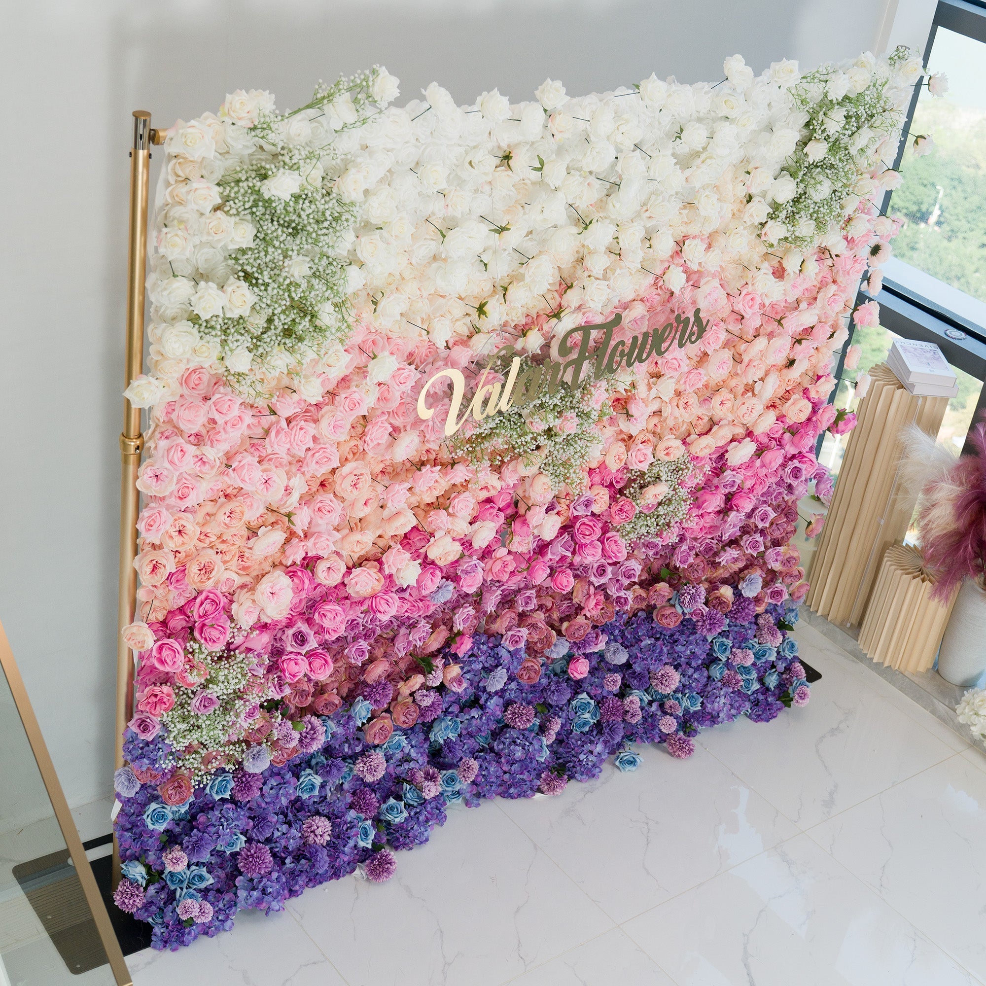Green White Pink Artificial Flower Wall Backdrop for Wedding & Event Decor | VF-340