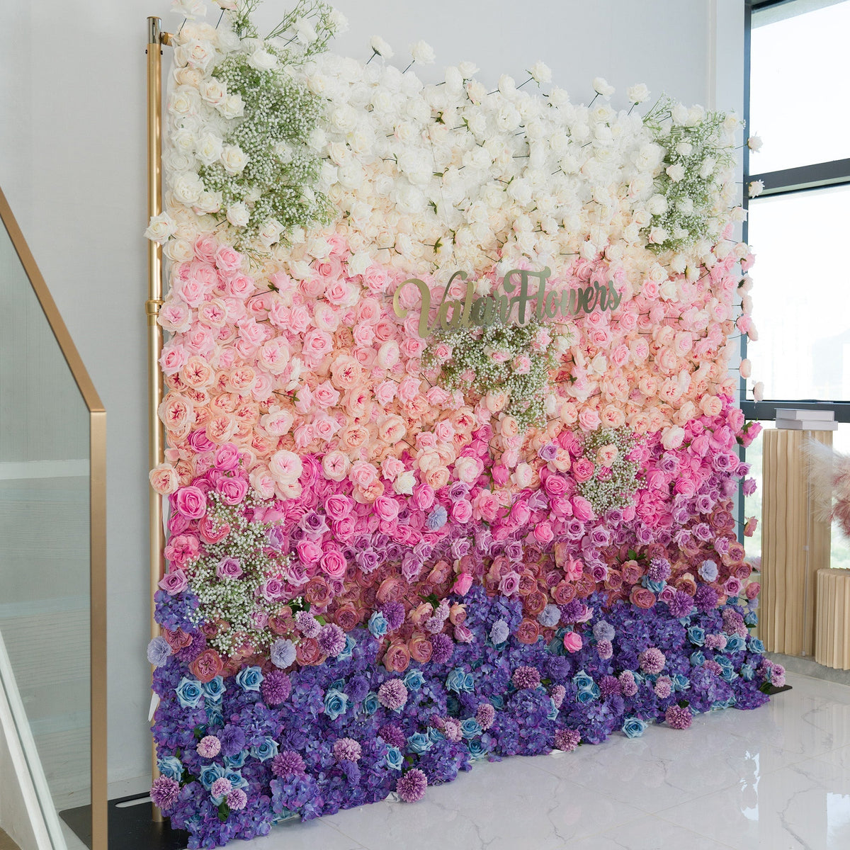 Green White Pink Artificial Flower Wall Backdrop for Wedding & Event Decor | VF-340