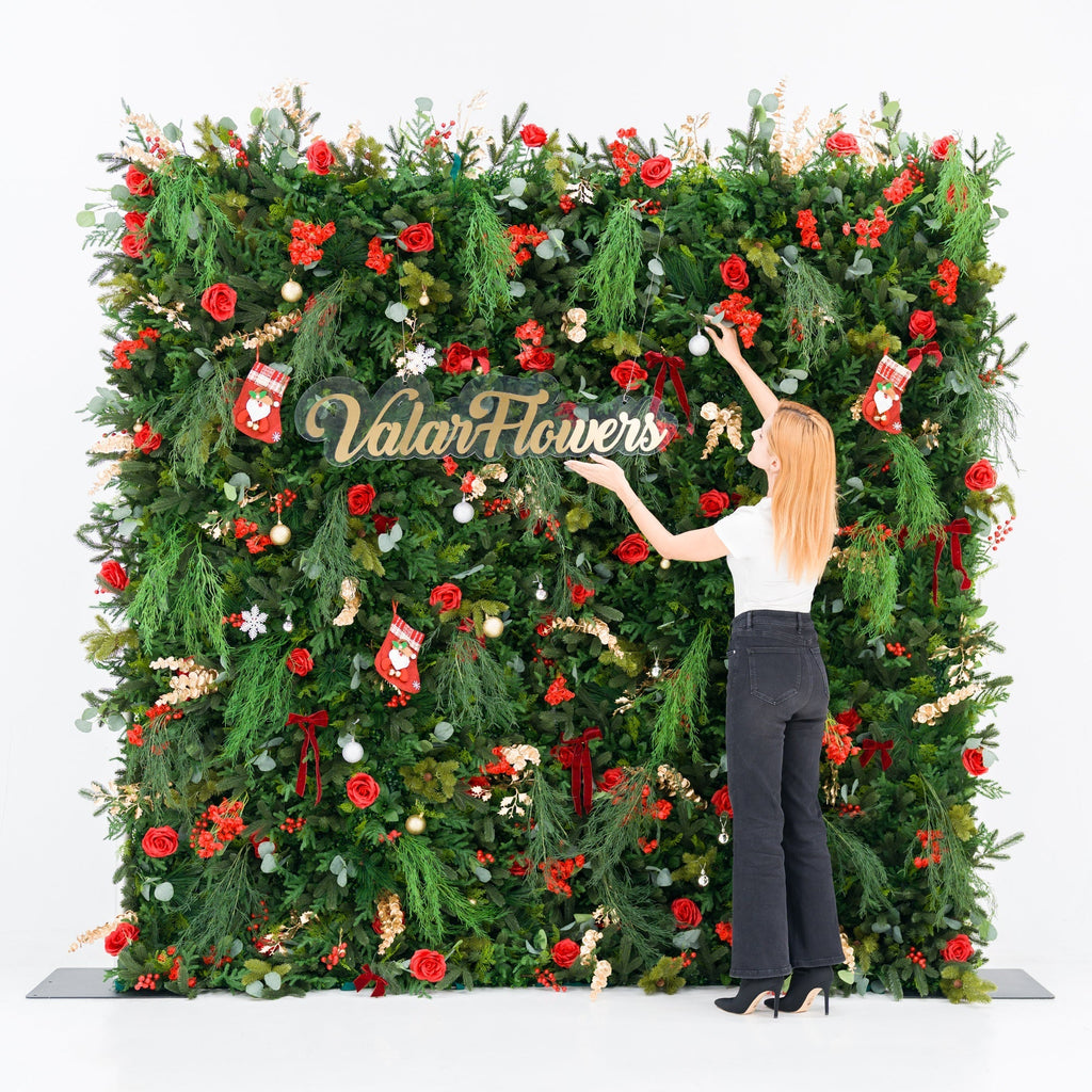 Christmas Themed Floral Wall Backdrop: Festive Evergreen & Red Rose Masterpiece for Holiday Events & Decor | VF-491-2
