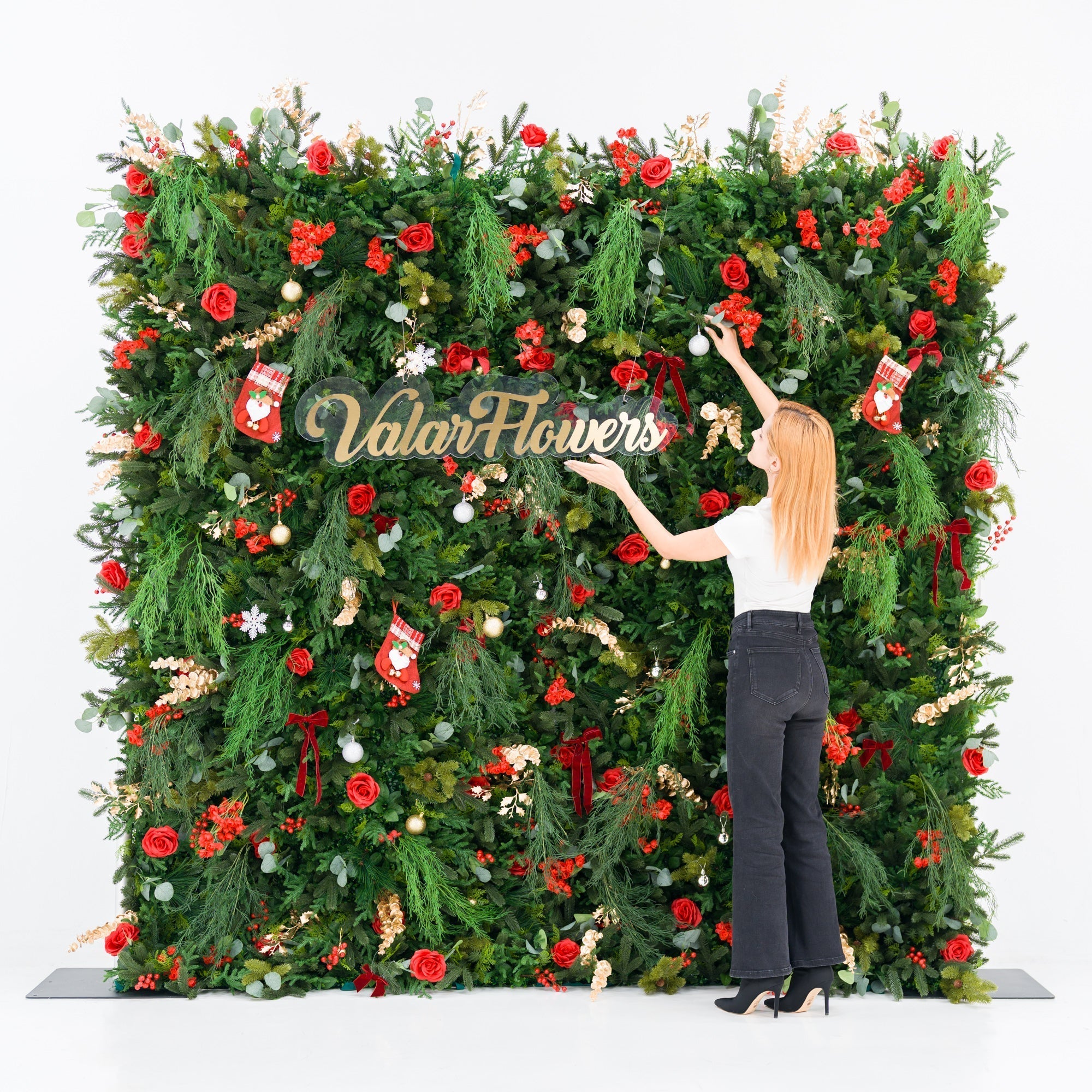 Christmas Themed Floral Wall Backdrop: Festive Evergreen & Red Rose Masterpiece for Holiday Events & Decor | VF-491-2