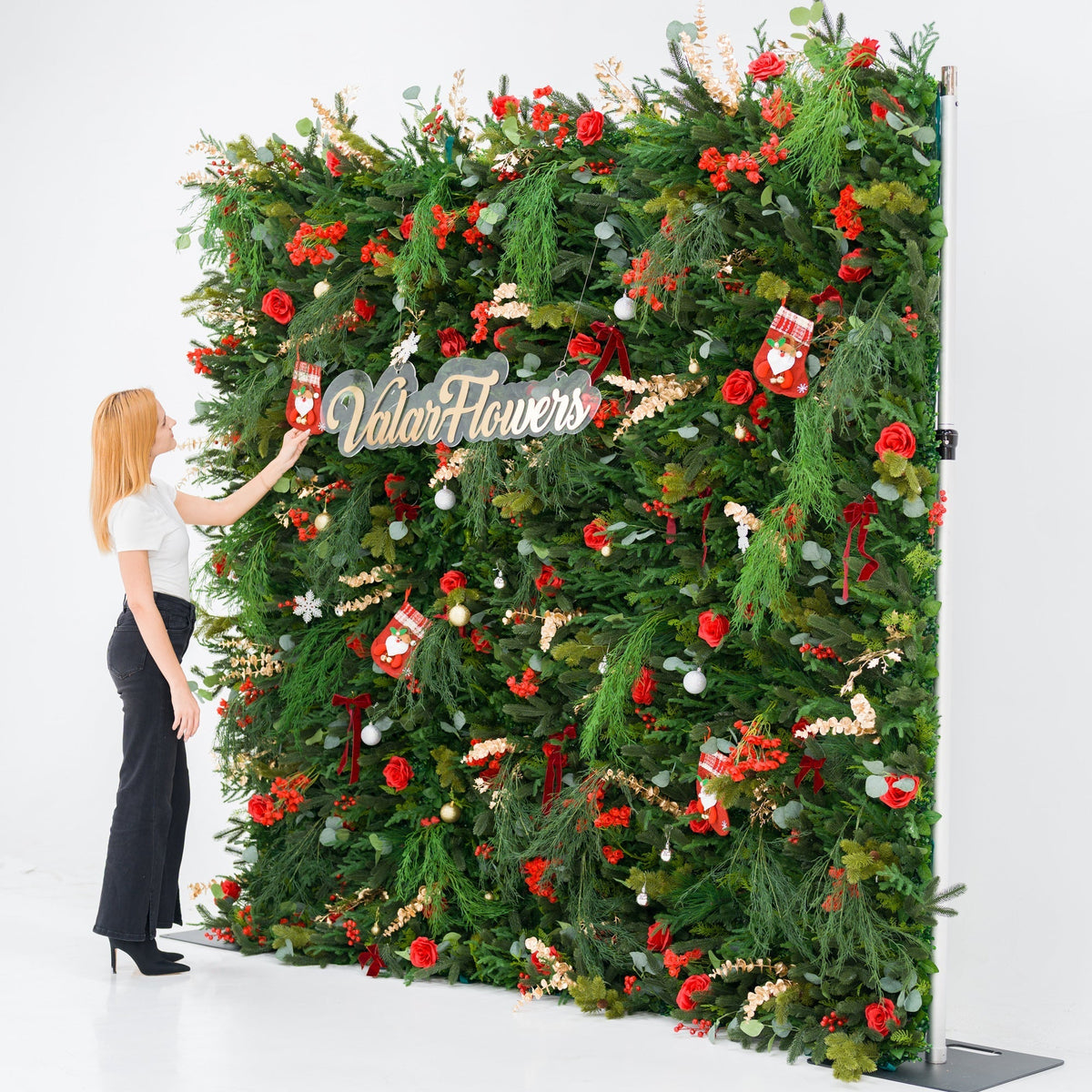 Christmas Themed Floral Wall Backdrop: Festive Evergreen & Red Rose Masterpiece for Holiday Events & Decor | VF-491-2