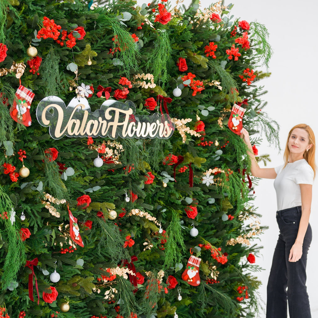 Christmas Themed Floral Wall Backdrop: Festive Evergreen & Red Rose Masterpiece for Holiday Events & Decor | VF-491-2