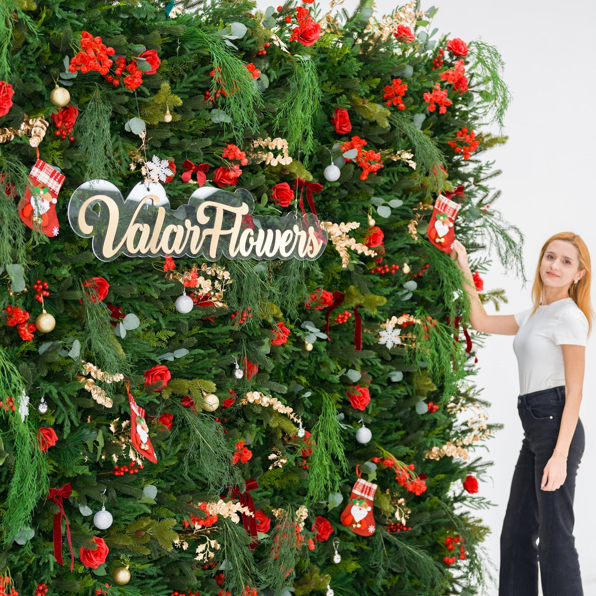Christmas Themed Floral Wall Backdrop: Festive Evergreen & Red Rose Masterpiece for Holiday Events & Decor | VF-491-2