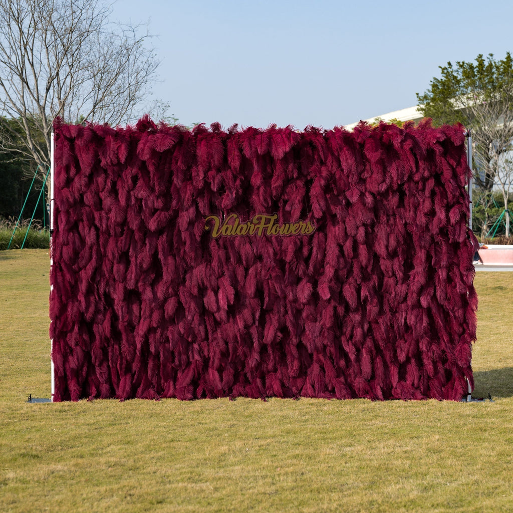 Burgundy Artificial Feather Backdrop: Luxe Plume Display with 7+ Color Options & Custom Services. DIY Photo Booth Decoration | VF-164-BURGUNDY