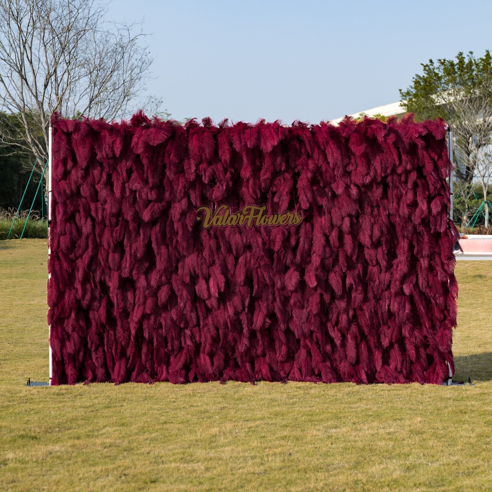 Burgundy Artificial Feather Backdrop: Luxe Plume Display with 7+ Color Options & Custom Services. DIY Photo Booth Decoration | VF-164-BURGUNDY
