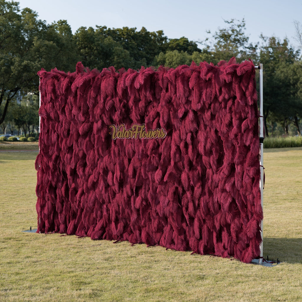 Burgundy Artificial Feather Backdrop: Luxe Plume Display with 7+ Color Options & Custom Services. DIY Photo Booth Decoration | VF-164-BURGUNDY