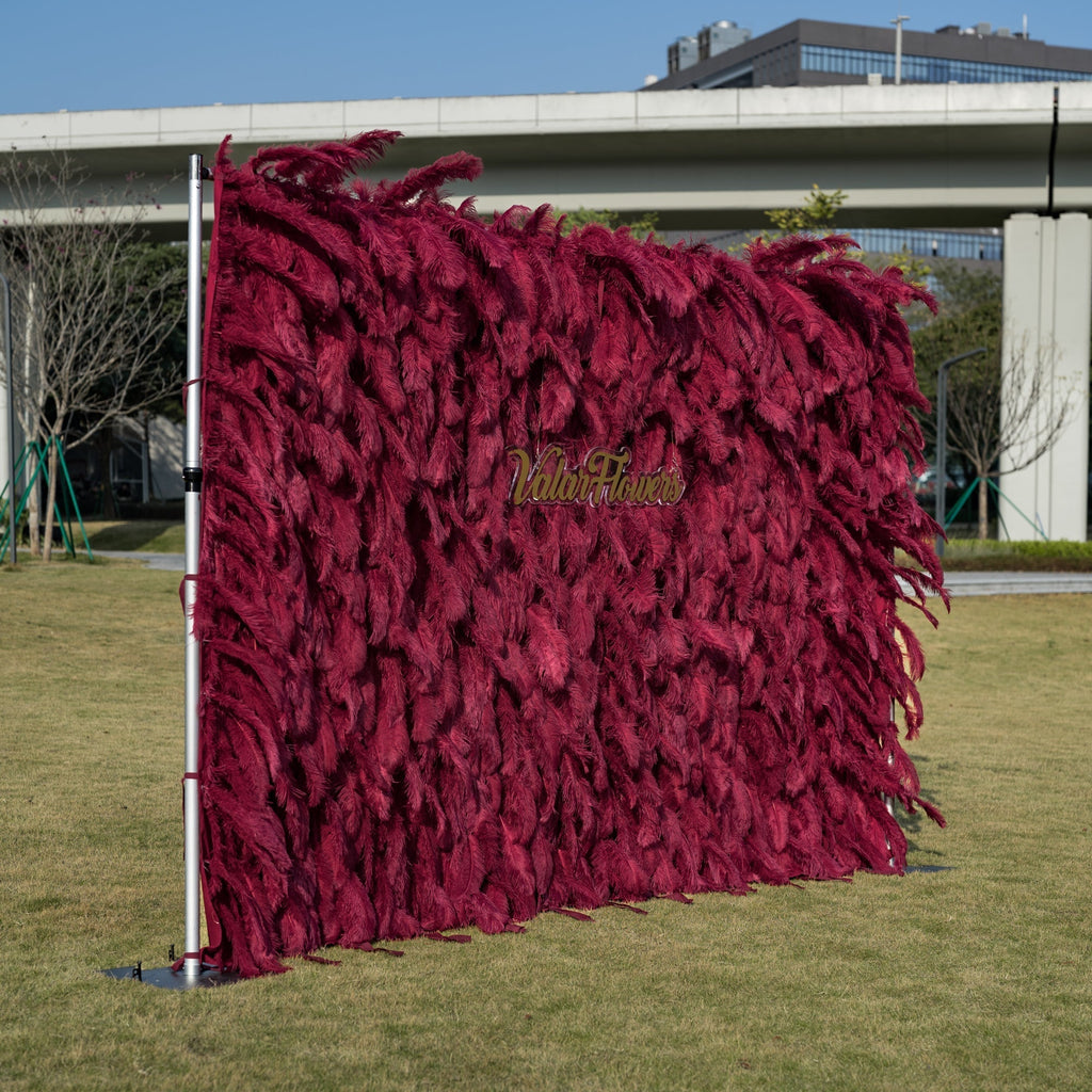 Burgundy Artificial Feather Backdrop: Luxe Plume Display with 7+ Color Options & Custom Services. DIY Photo Booth Decoration | VF-164-BURGUNDY
