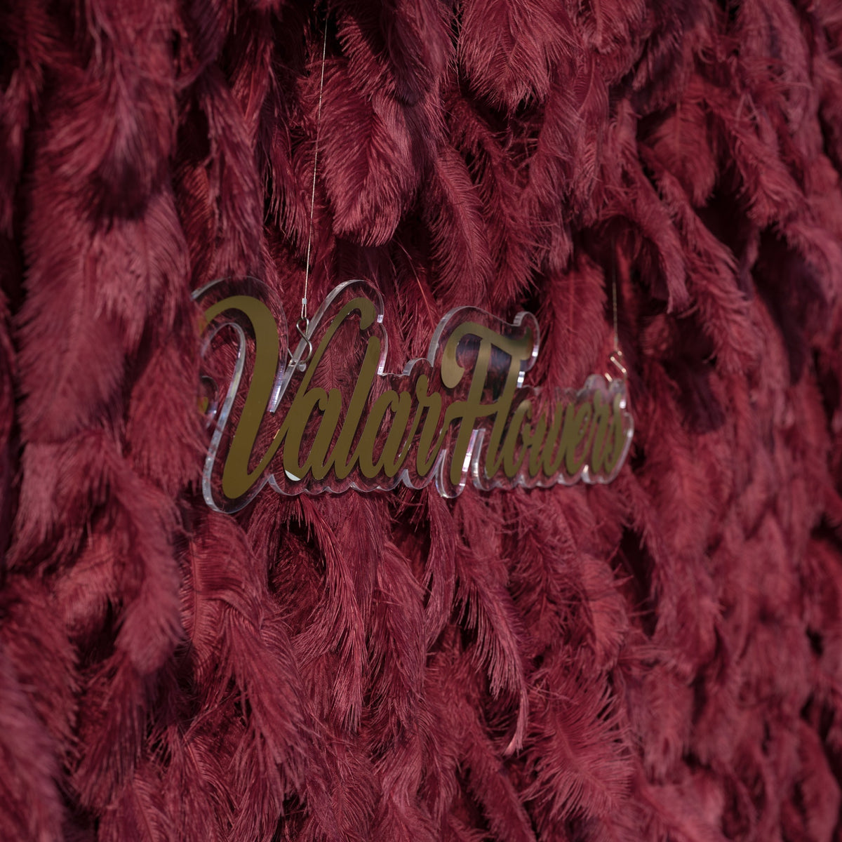 Burgundy Artificial Feather Backdrop: Luxe Plume Display with 7+ Color Options & Custom Services. DIY Photo Booth Decoration | VF-164-BURGUNDY
