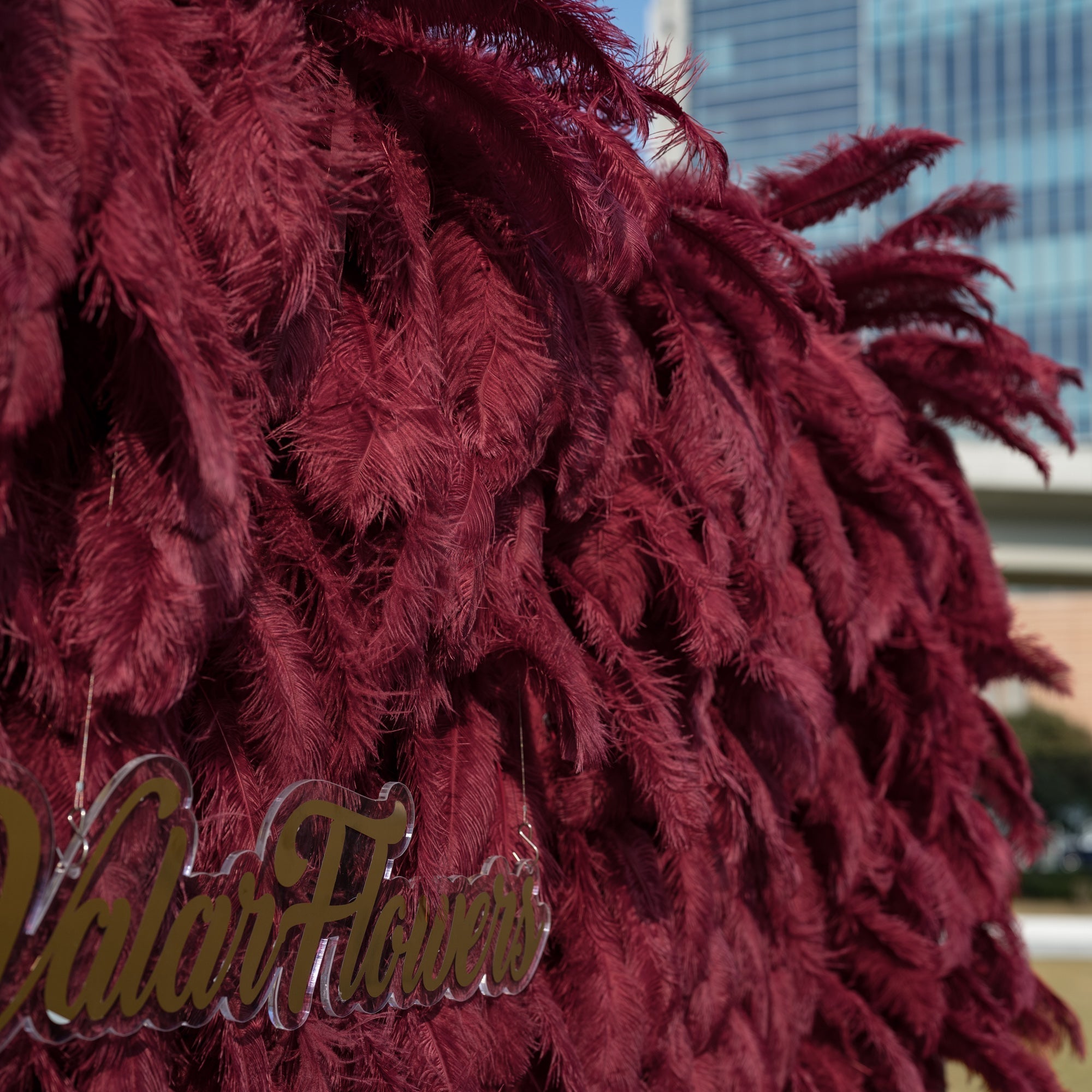 Burgundy Artificial Feather Backdrop: Luxe Plume Display with 7+ Color Options & Custom Services. DIY Photo Booth Decoration | VF-164-BURGUNDY