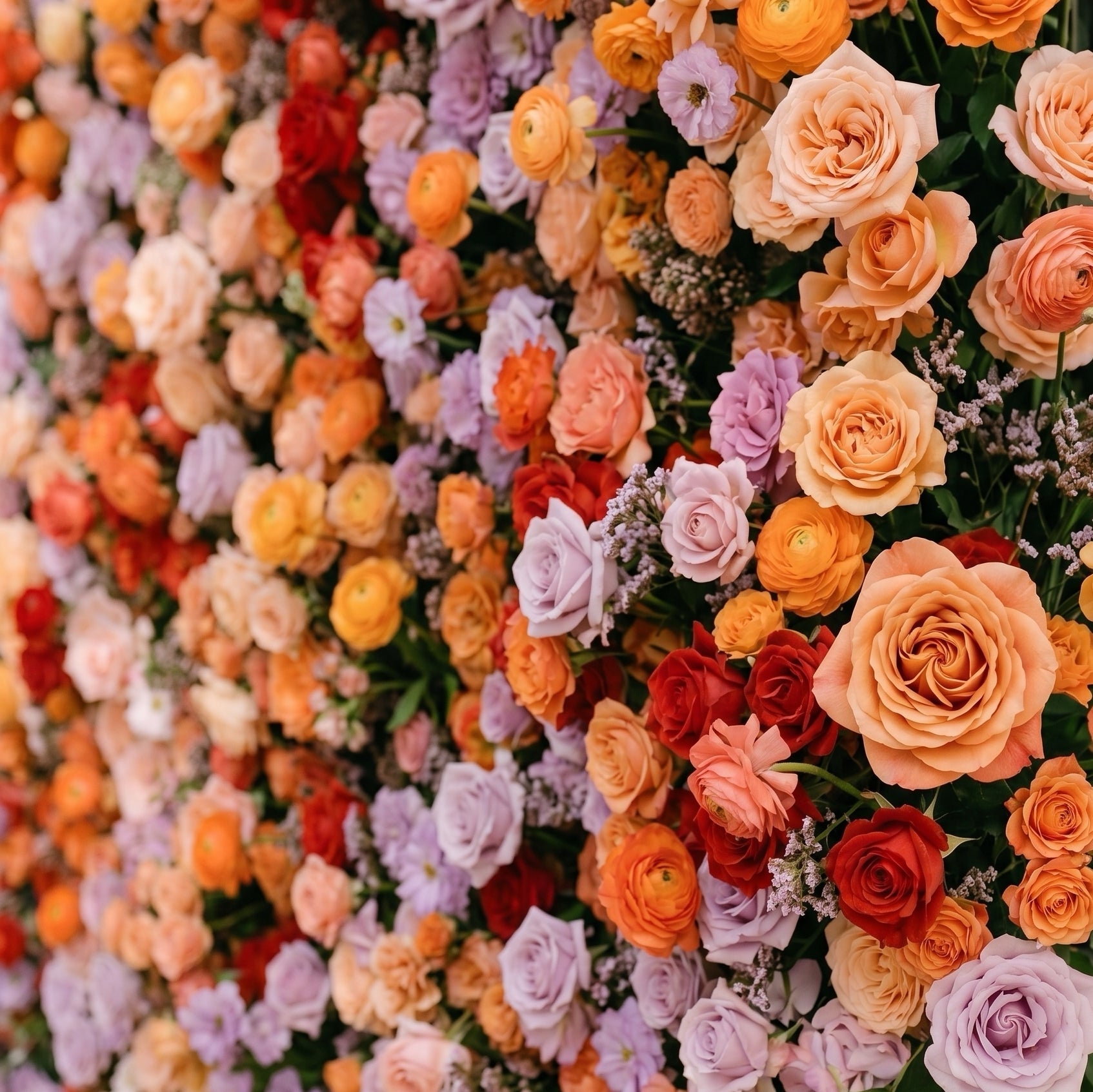 Daelyne: Luxury 5D Sunset Orange & Lavender Silk Floral Wall Roll-Up Fabric Backdrop for Warm Summer Weddings Free Shipping