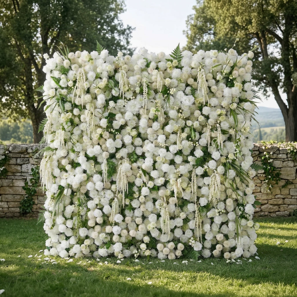 Elunara: 5D White Rose Flower Wall with Drooping Foliage Roll-Up Fabric Backdrop for Luxury Events Decor Free Shipping