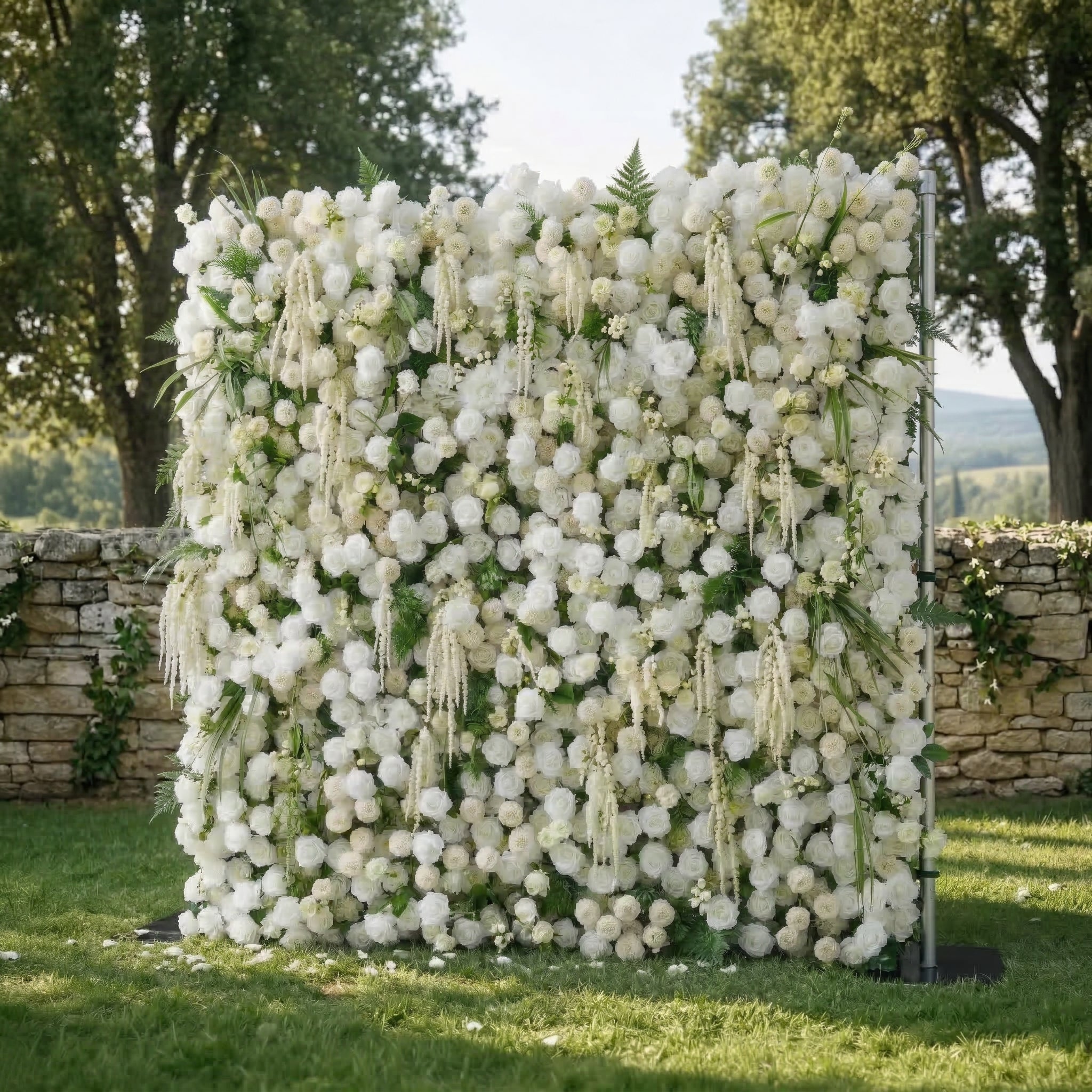 Elunara: 5D White Rose Flower Wall with Drooping Foliage Roll-Up Fabric Backdrop for Luxury Events Decor Free Shipping