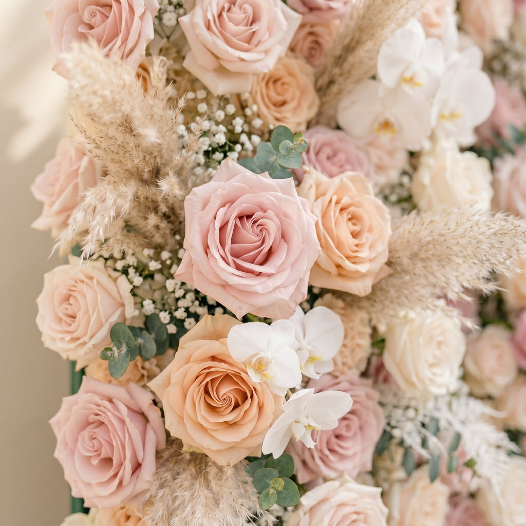 Elvenessa:5D Neutral Warm Blush Pink & Ivory White Silk Rose Flower Wall Roll-Up Fabric Backdrop for Romantic Weddings & Proposals Free Shipping