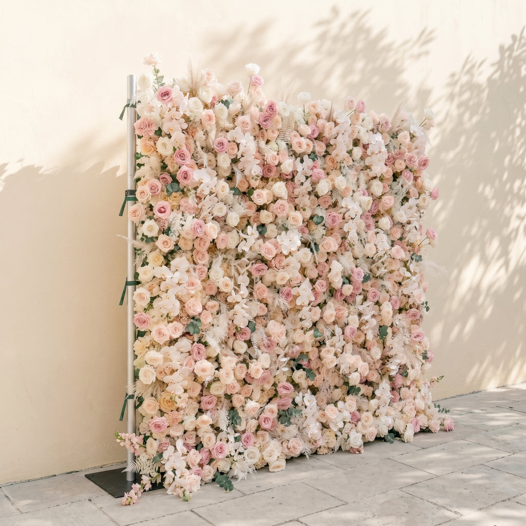 Elvenessa:5D Neutral Warm Blush Pink & Ivory White Silk Rose Flower Wall Roll-Up Fabric Backdrop for Romantic Weddings & Proposals Free Shipping