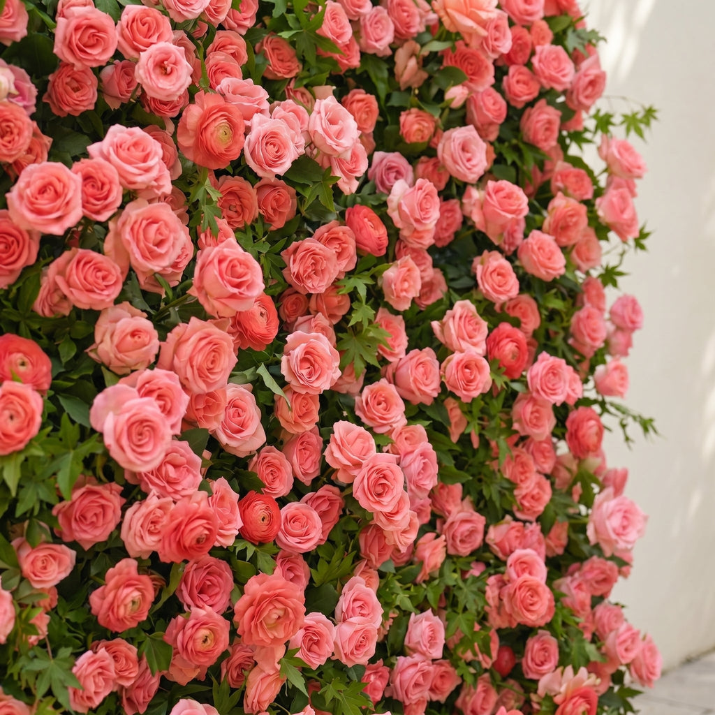 Elvenlena:Premium 5D Bright Coral Floral Wall with Greenery Roll-Up Backdrop for Cheerful Outdoor Garden Events Free Shipping