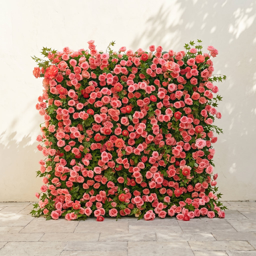 Elvenlena:Premium 5D Bright Coral Floral Wall with Greenery Roll-Up Backdrop for Cheerful Outdoor Garden Events Free Shipping
