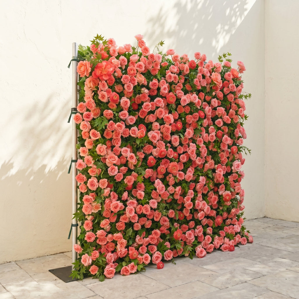 Elvenlena:Premium 5D Bright Coral Floral Wall with Greenery Roll-Up Backdrop for Cheerful Outdoor Garden Events Free Shipping