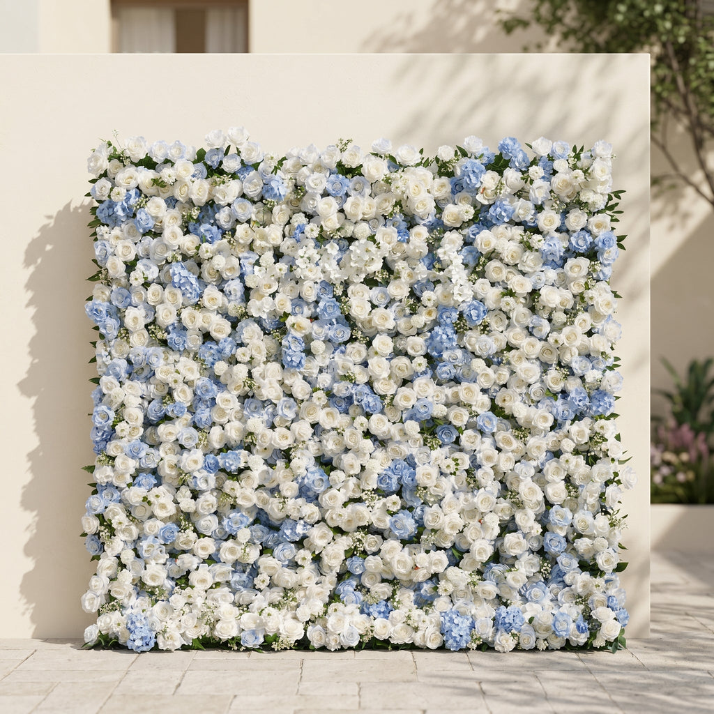 Embermira: Luxury 4D Ice White & Sky Blue Silk Floral Wall Backdrop for Destination Weddings Free Shipping
