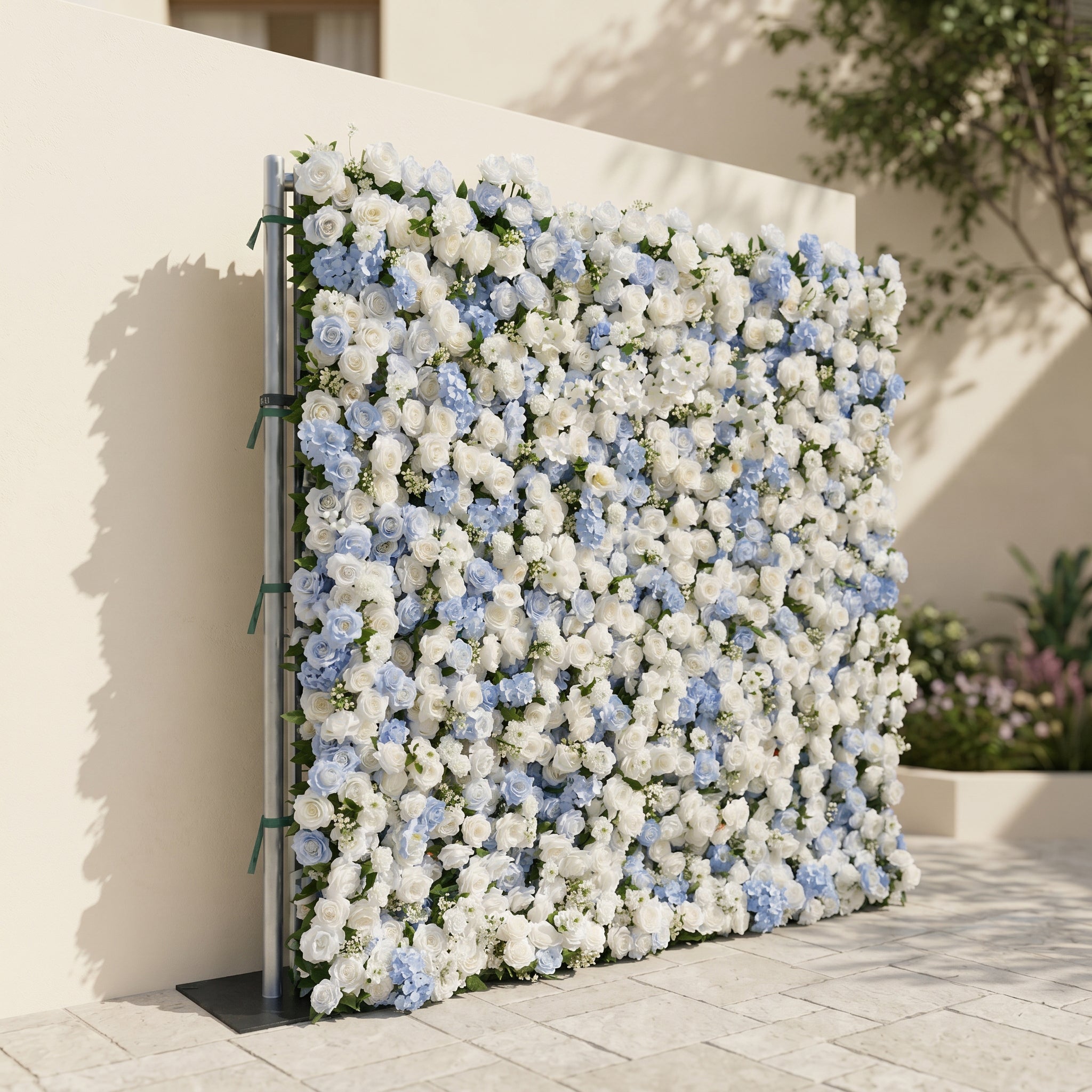 Embermira: Luxury 4D Ice White & Sky Blue Silk Floral Wall Backdrop for Destination Weddings Free Shipping