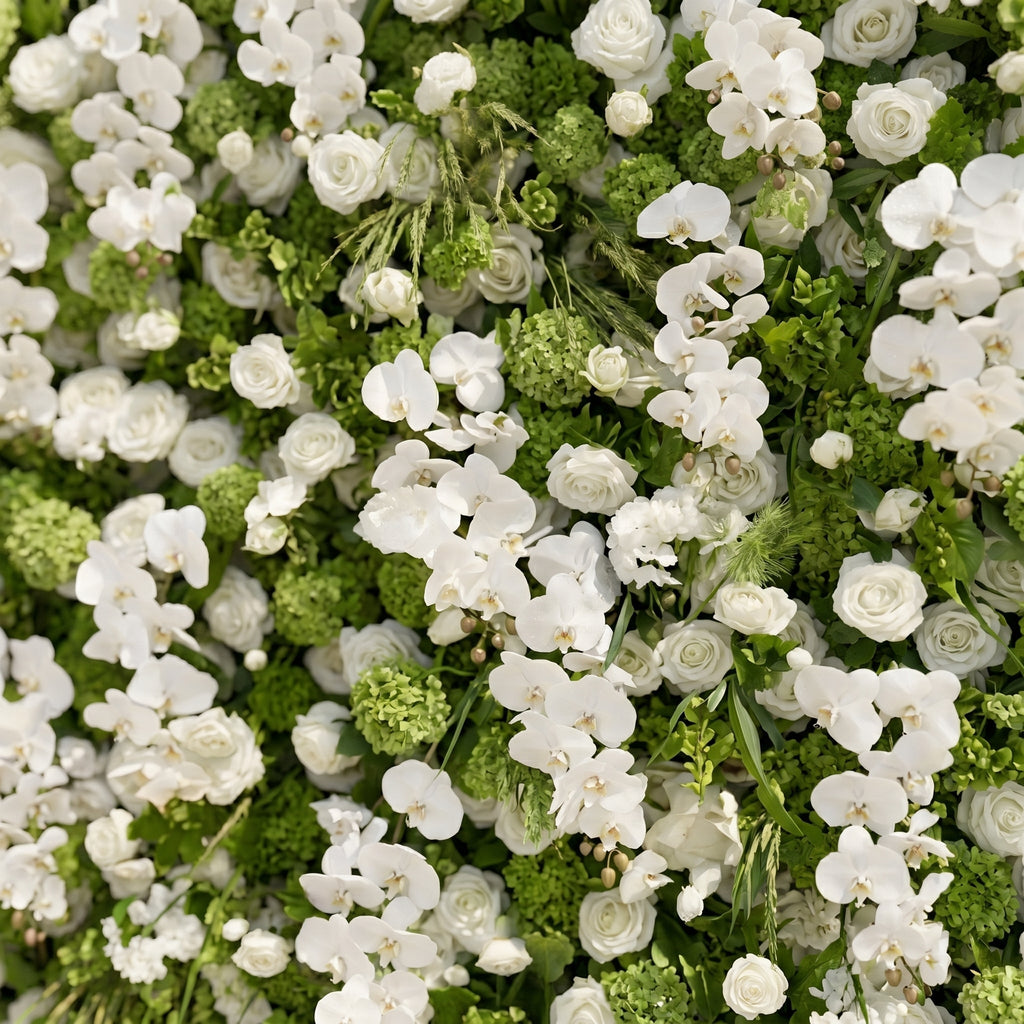 Evelaria: Luxury 5D White & Green Silk Floral Wall Roll-Up Backdrop for Edgy Romantic Weddings Free Shipping