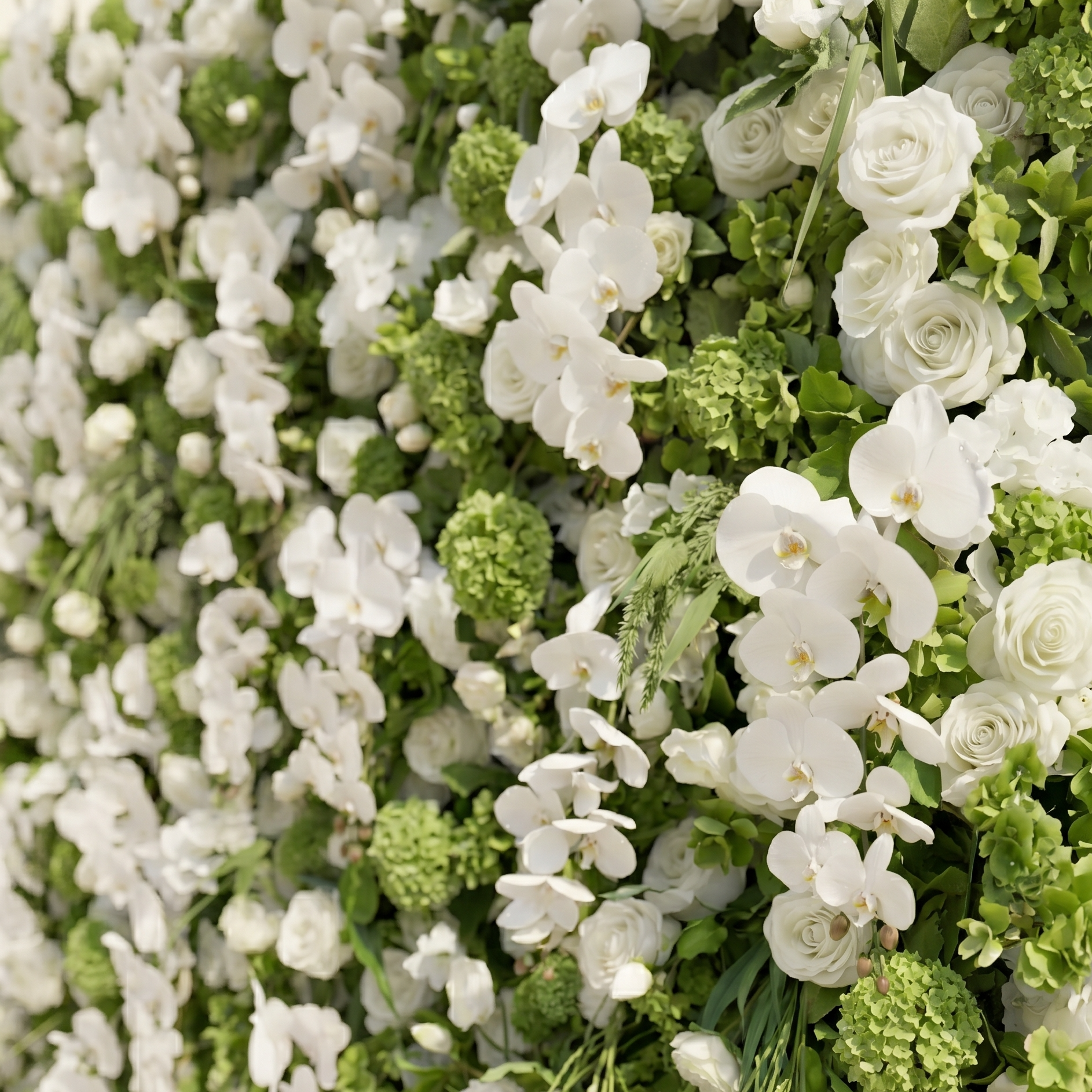 Evelaria: Luxury 5D White & Green Silk Floral Wall Roll-Up Backdrop for Edgy Romantic Weddings Free Shipping