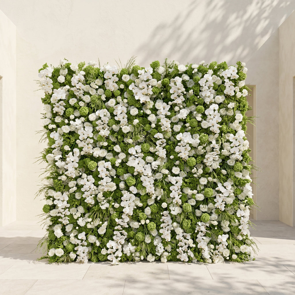 Evelaria: Luxury 5D White & Green Silk Floral Wall Roll-Up Backdrop for Edgy Romantic Weddings Free Shipping