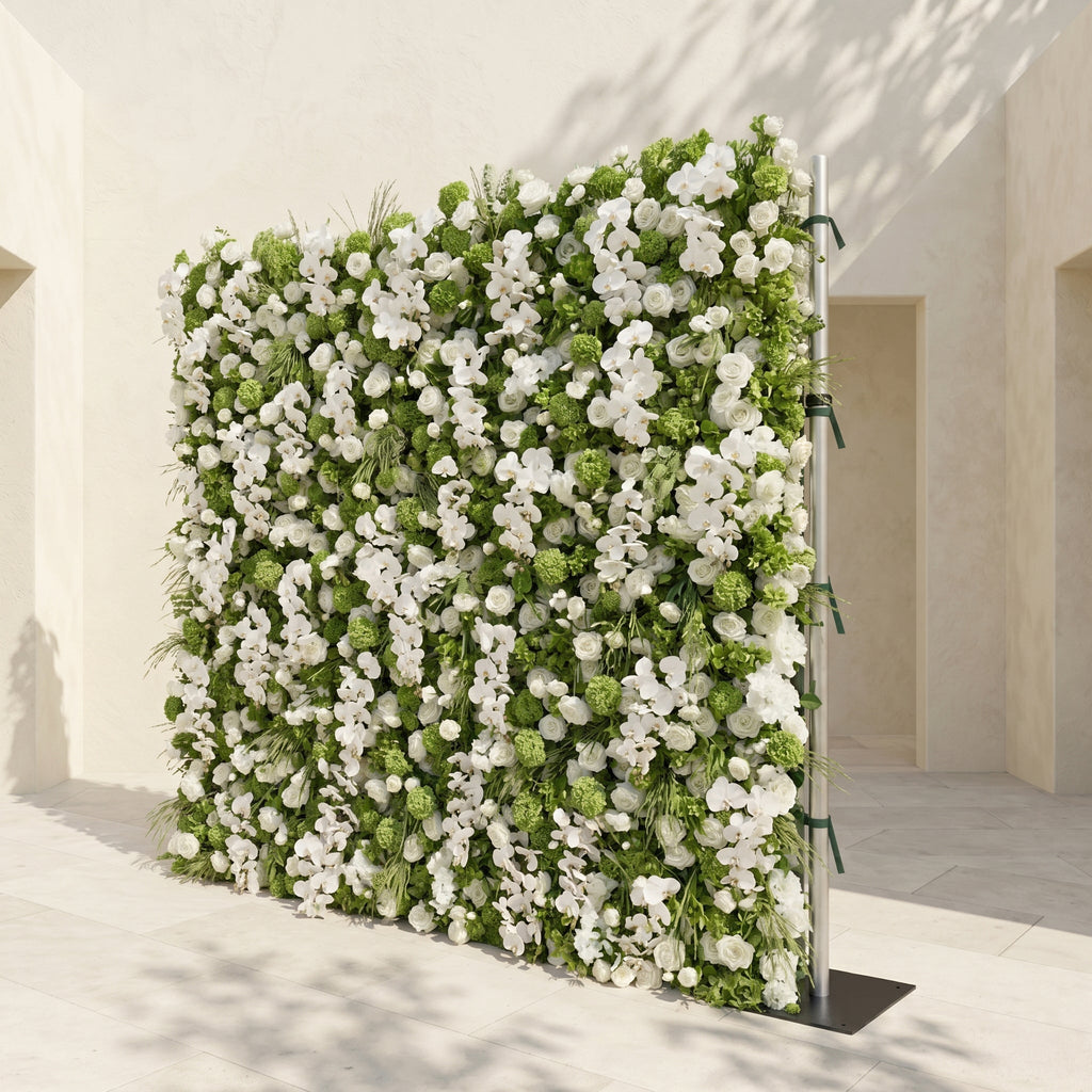 Evelaria: Luxury 5D White & Green Silk Floral Wall Roll-Up Backdrop for Edgy Romantic Weddings Free Shipping