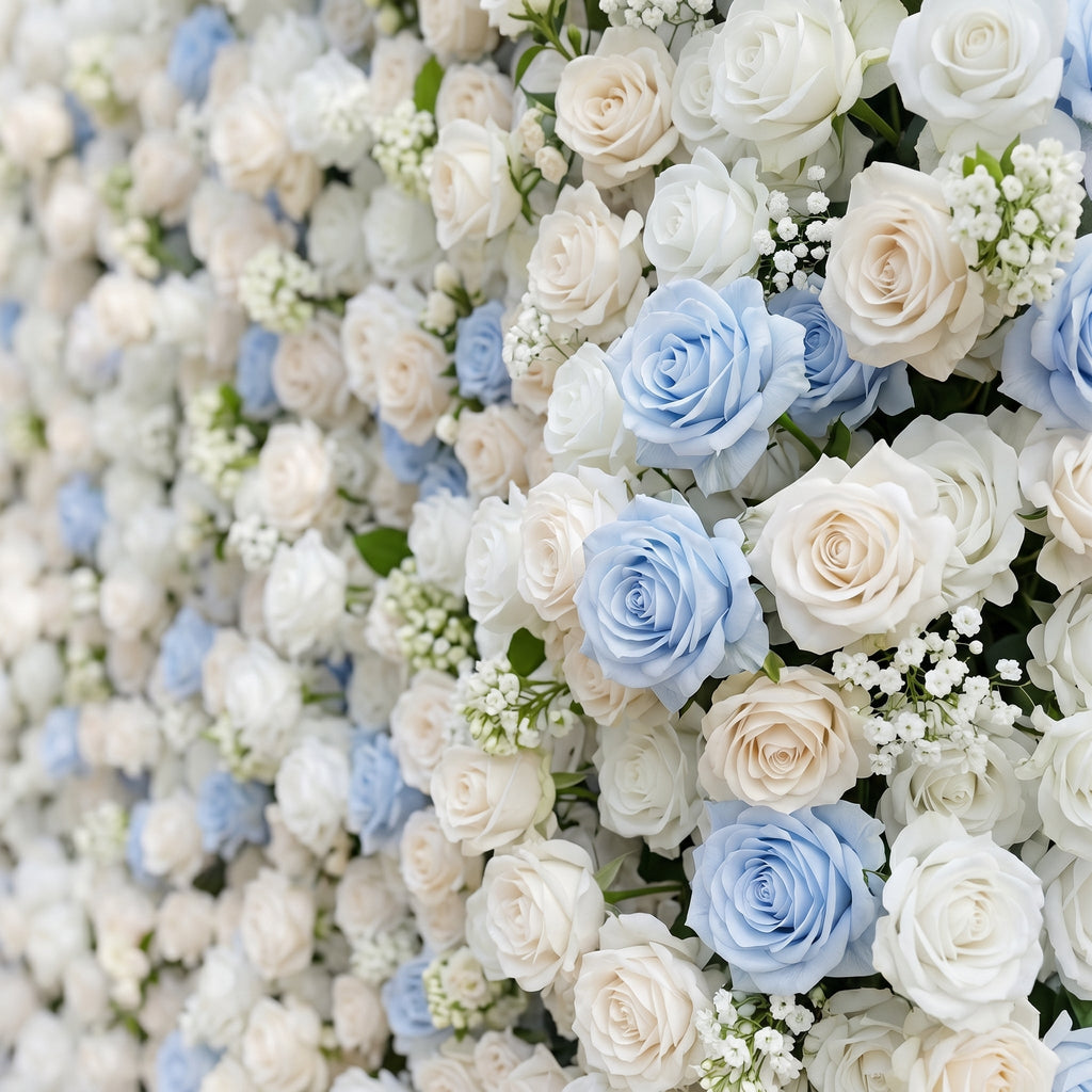 Fiorelle:5D Dusty Baby Blue & Ivory White Silk Rose Flower Wall Roll-Up Fabric Backdrop for Romantic Weddings & Proposals Free Shipping