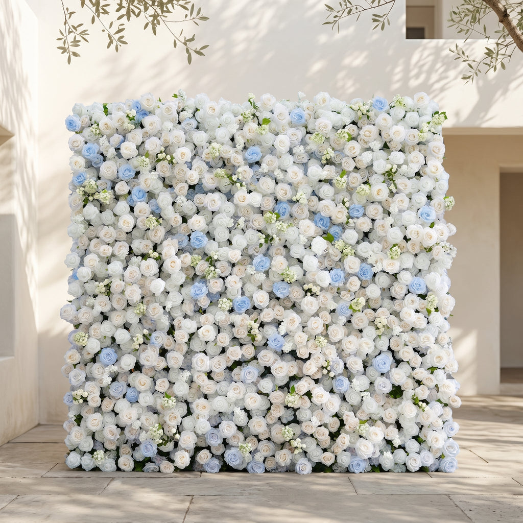 Fiorelle:5D Dusty Baby Blue & Ivory White Silk Rose Flower Wall Roll-Up Fabric Backdrop for Romantic Weddings & Proposals Free Shipping