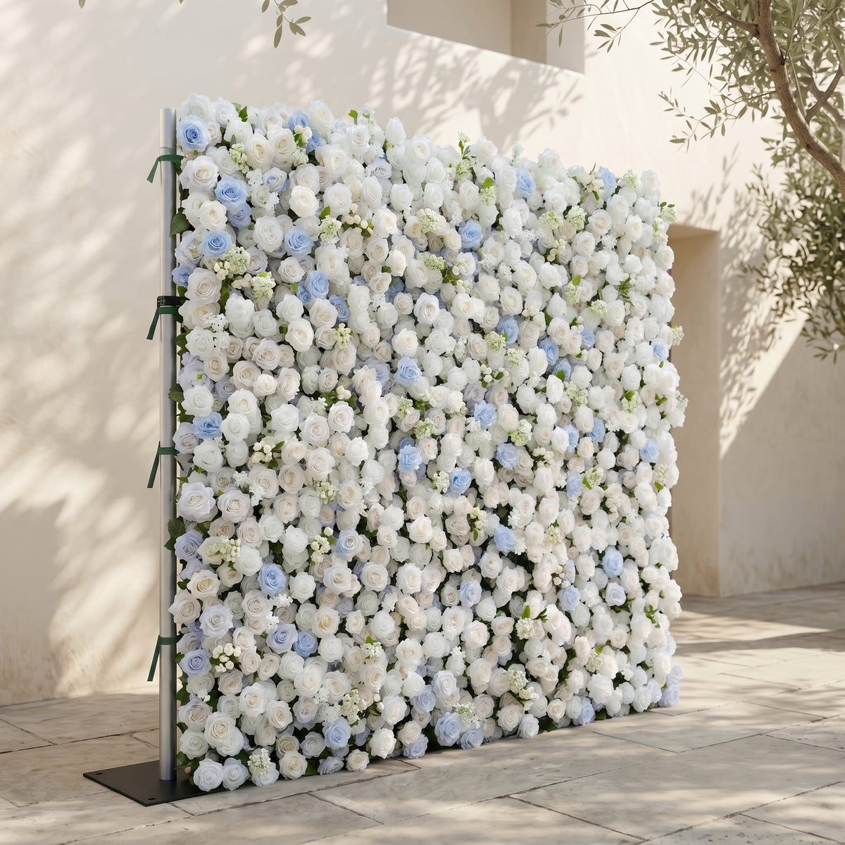 Fiorelle:5D Dusty Baby Blue & Ivory White Silk Rose Flower Wall Roll-Up Fabric Backdrop for Romantic Weddings & Proposals Free Shipping