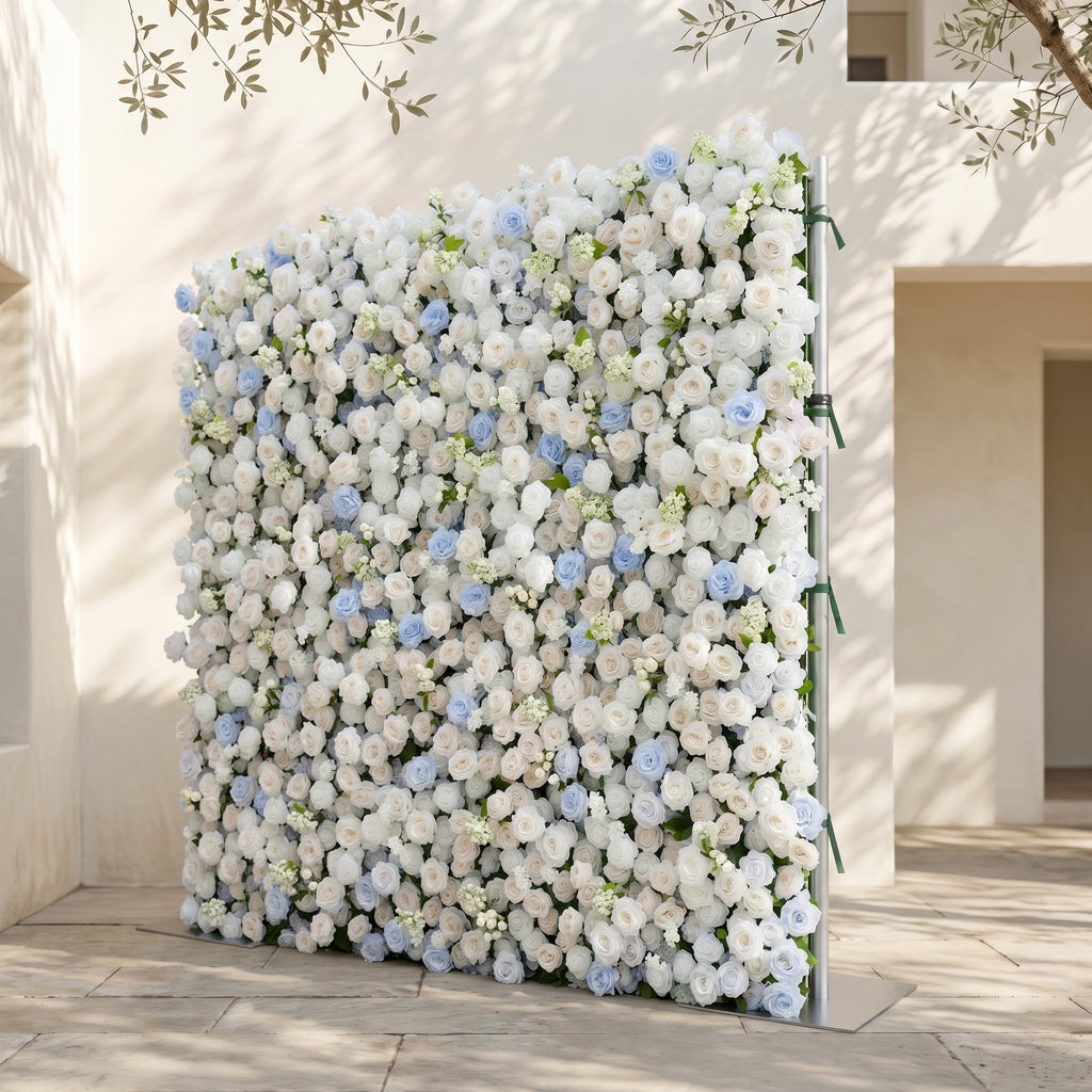 Fiorelle:5D Dusty Baby Blue & Ivory White Silk Rose Flower Wall Roll-Up Fabric Backdrop for Romantic Weddings & Proposals Free Shipping