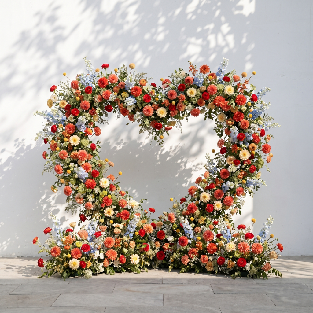 Freara: Heart-Shaped Multi-Color Dahlia & Rose Silk Flower Arch Floral Arrangement for Vibrant Weddings