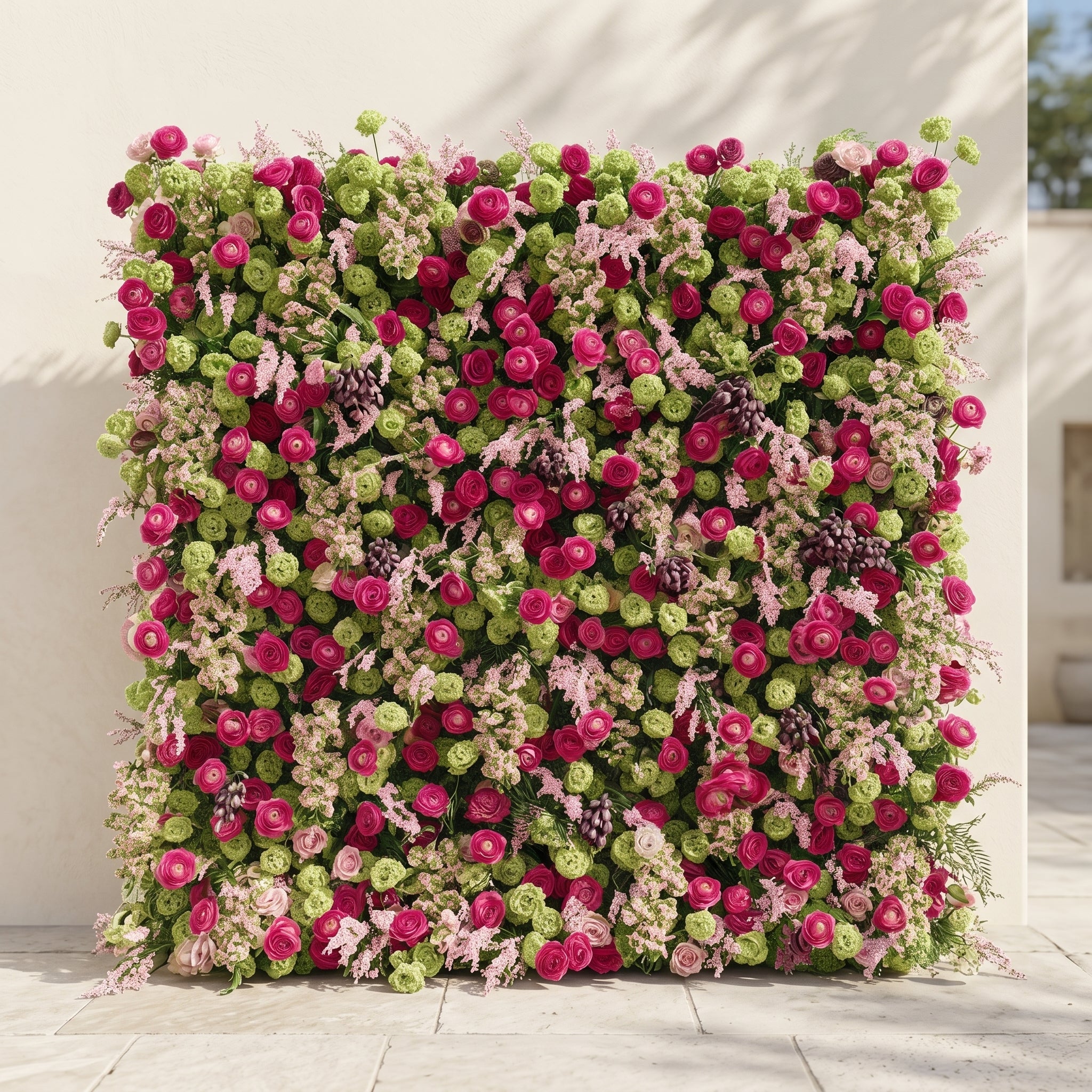 Floria: Luxury 5D Hot Pink & Green Silk Floral Wall Roll-Up Fabric Backdrop for Vibrant Summer Parties & Events Free Shipping