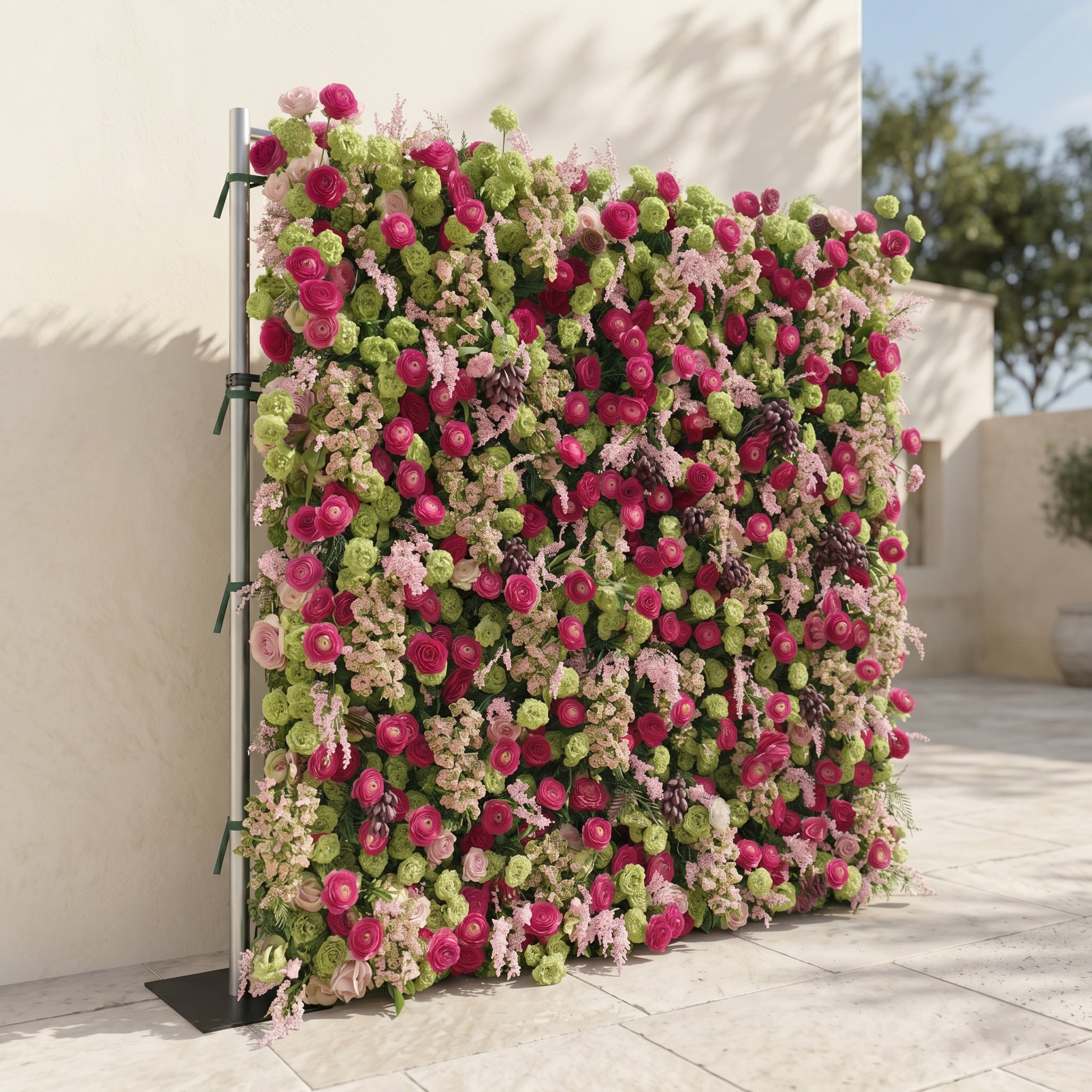 Floria: Luxury 5D Hot Pink & Green Silk Floral Wall Roll-Up Fabric Backdrop for Vibrant Summer Parties & Events Free Shipping