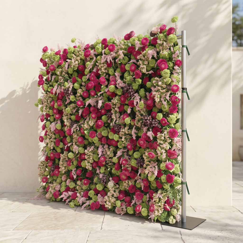Floria: Luxury 5D Hot Pink & Green Silk Floral Wall Roll-Up Fabric Backdrop for Vibrant Summer Parties & Events Free Shipping