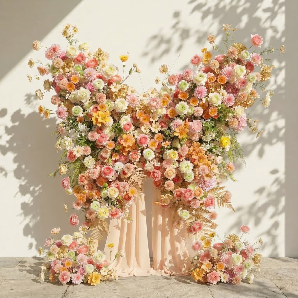 Cirelle: Exquisite Peach & Champagne Butterfly-Shaped Flower Wall Backdrop for Garden Proposals & Weddings Free Shipping
