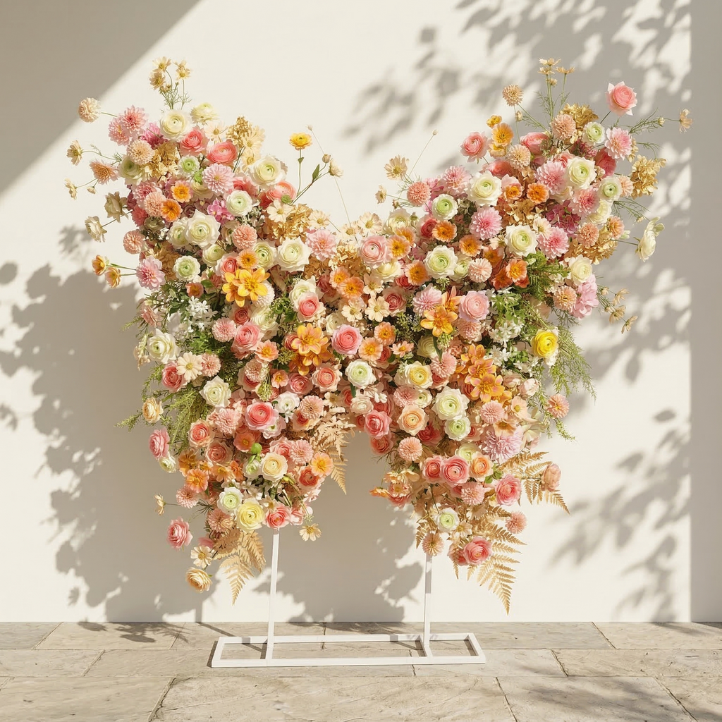Cirelle: Exquisite Peach & Champagne Butterfly-Shaped Flower Wall Backdrop for Garden Proposals & Weddings Free Shipping