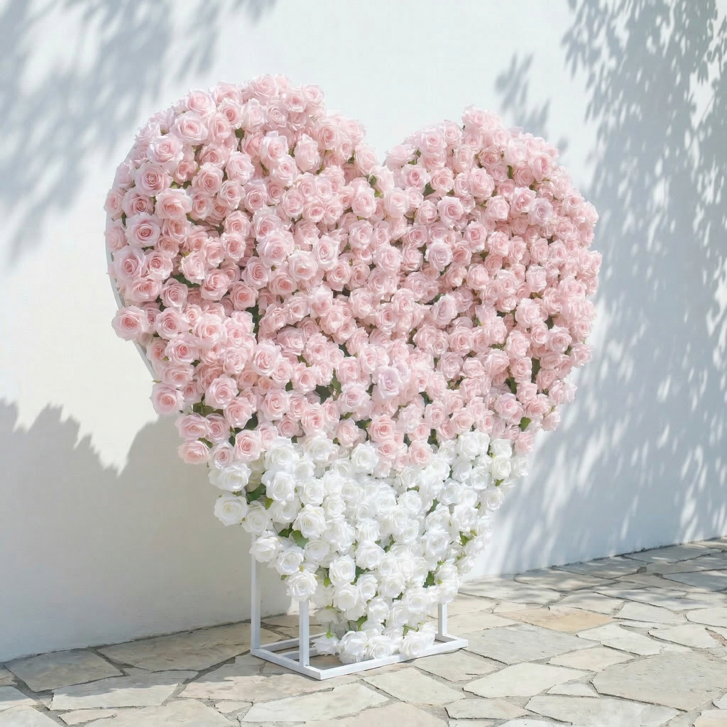 Ismira：3D Dreamy Pink & Ivory Heart-Shaped Aritificial Floral Backdrop for Sweet Proposals & Weddings Free Shipping