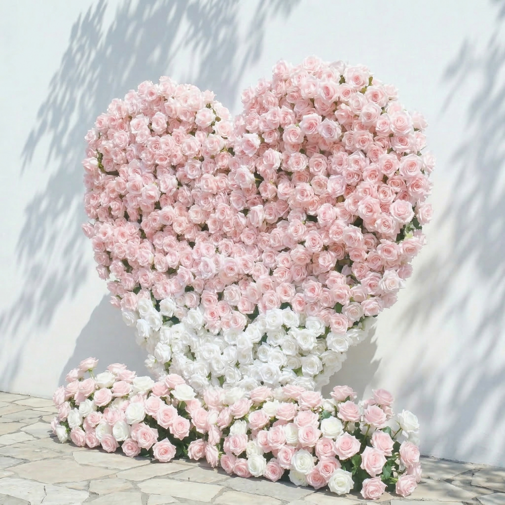 Ismira：3D Dreamy Pink & Ivory Heart-Shaped Aritificial Floral Backdrop for Sweet Proposals & Weddings Free Shipping