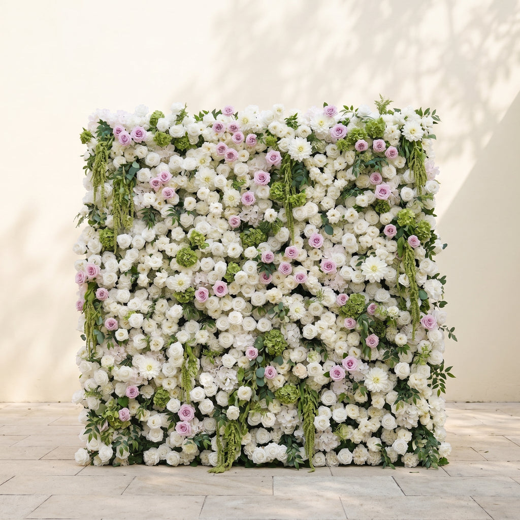 Jollyra:5D Blush Lavender Pink & Ivory White Silk Rose Flower Wall Roll-Up Fabric Backdrop with Lush Greenery for Romantic Weddings & Proposals Free Shipping