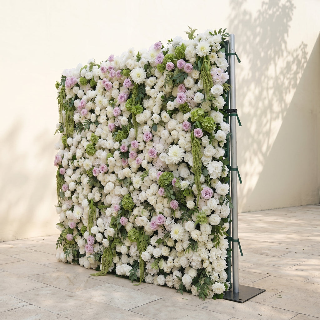 Jollyra:5D Blush Lavender Pink & Ivory White Silk Rose Flower Wall Roll-Up Fabric Backdrop with Lush Greenery for Romantic Weddings & Proposals Free Shipping