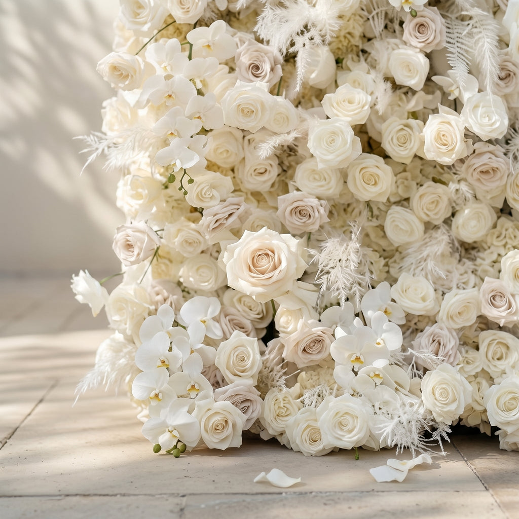 Junbelle:Elegant 5D White Floral Wall with Pampas Grass Accents Roll-Up Backdrop for Whimsical Bridal Showers Free Shipping