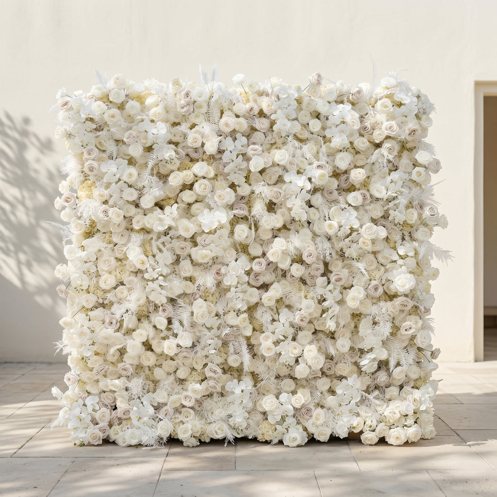 Junbelle:Elegant 5D White Floral Wall with Pampas Grass Accents Roll-Up Backdrop for Whimsical Bridal Showers Free Shipping